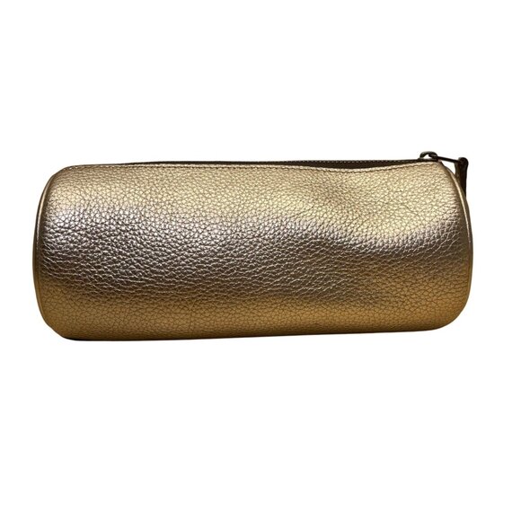 Coach Women’s Gold Metallic Leather Cylinder Zippered Makeup Bag Purse Pouch - Picture 3 of 8